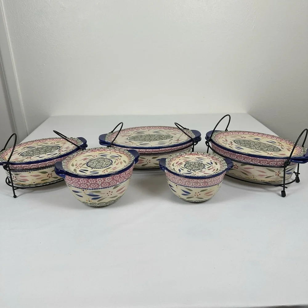 Temp-tations Old World 5pc Lidded Bakeware Set w/ Wire Racks Cobalt Trim